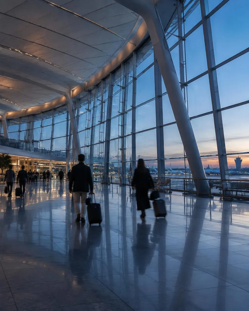 A modern airport terminal at dusk